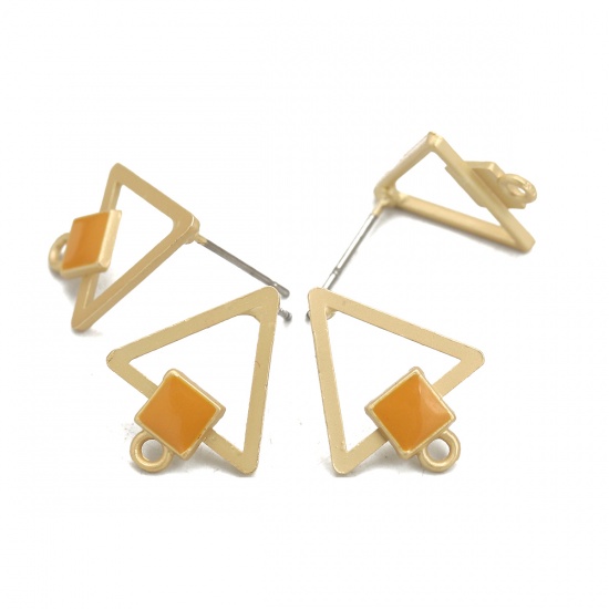 Picture of Zinc Based Alloy Ear Post Stud Earrings Findings Triangle Matt Gold Orange Enamel Square W/ Loop 18mm x 15mm, Post/ Wire Size: (21 gauge), 10 PCs