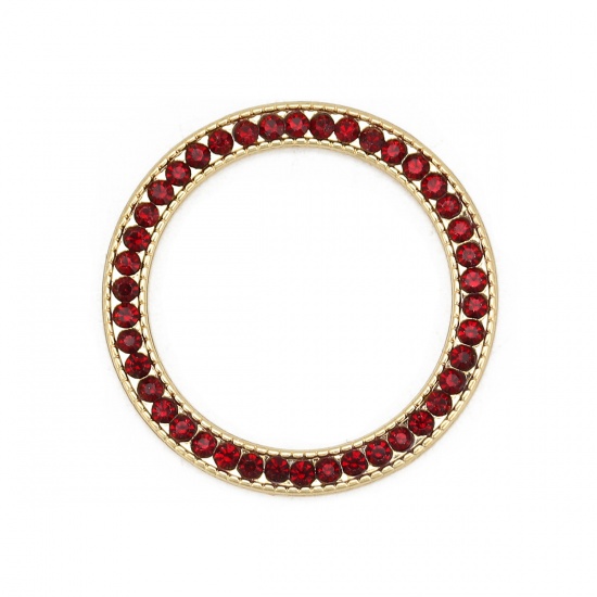 Picture of Zinc Based Alloy Connectors Circle Ring Gold Plated Wine Red Rhinestone 27mm Dia, 3 PCs