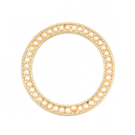 Picture of Zinc Based Alloy Connectors Circle Ring Gold Plated White Acrylic Imitation Pearl 27mm Dia, 3 PCs