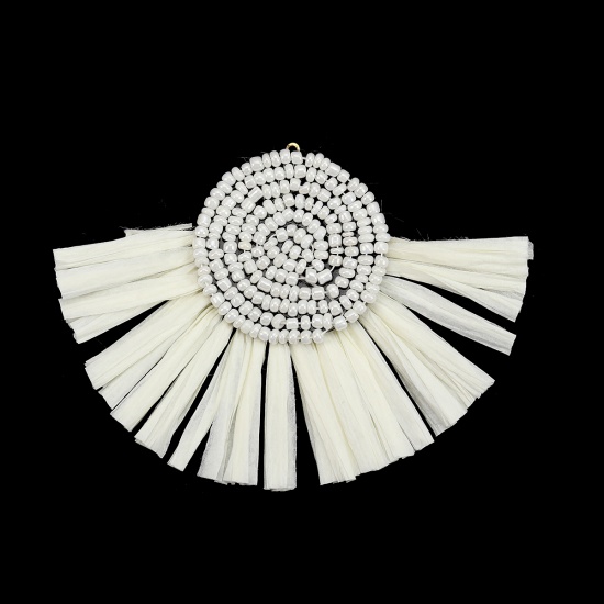 Picture of Glass Seed Beads & Raffia Paper Tassel Pendants Half Round Creamy-White 80mm(3 1/8") x 60mm(2 3/8"), 3 PCs