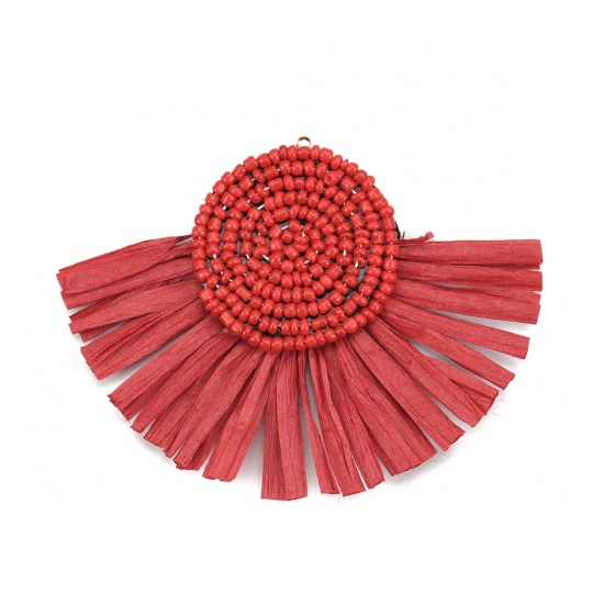 Picture of Glass Seed Beads & Raffia Paper Tassel Pendants Half Round Red 80mm(3 1/8") x 60mm(2 3/8"), 3 PCs