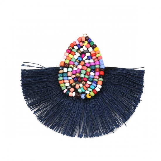 Picture of Glass Seed Beads & Polyester Tassel Pendants Drop Navy Blue 60mm(2 3/8") x 52mm(2"), 3 PCs