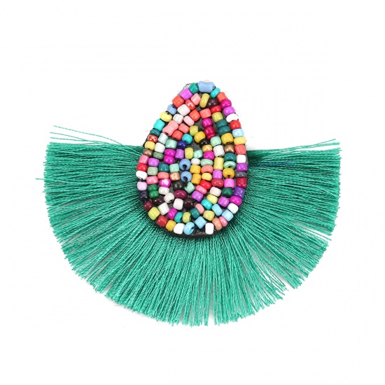 Picture of Glass Seed Beads & Polyester Tassel Pendants Drop Green 60mm(2 3/8") x 52mm(2"), 3 PCs