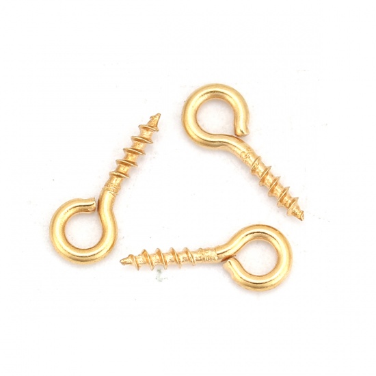 Picture of Stainless Steel Screw Eyes Bails Top Drilled Findings Gold Plated 10mm( 3/8") x 4mm( 1/8"), 100 PCs