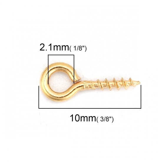 Picture of Stainless Steel Screw Eyes Bails Top Drilled Findings Gold Plated 10mm( 3/8") x 4mm( 1/8"), 100 PCs