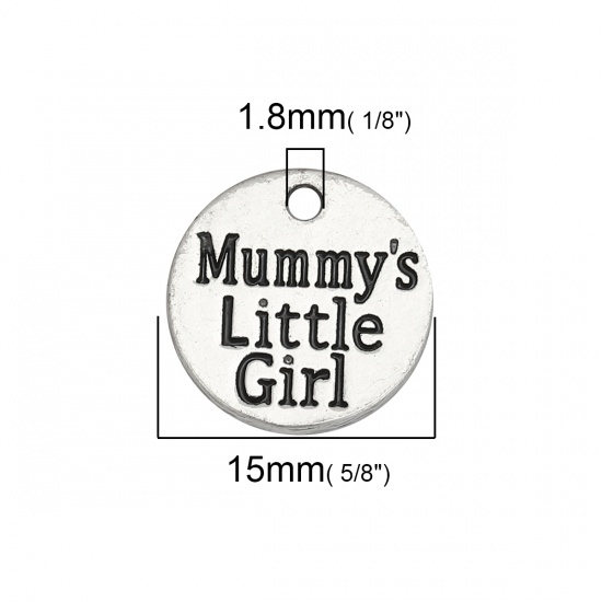 Immagine di Lega di Zinco Charms Tondo Argento Antico Lettere " Mummy's Little Girl " 15mm Dia, 10 Pz