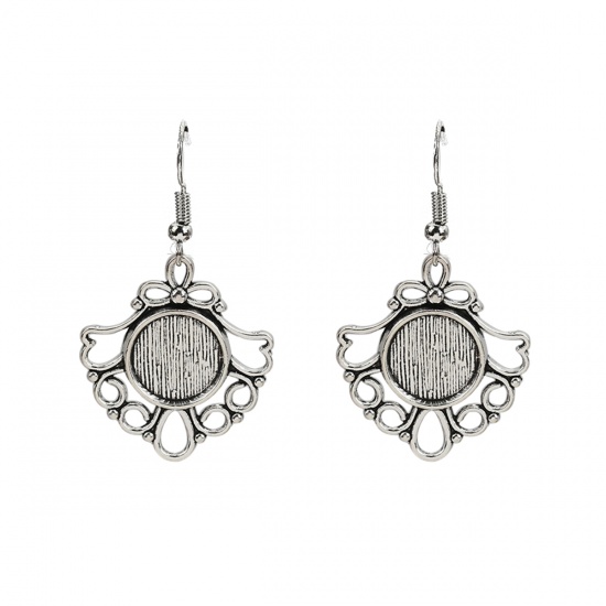 Picture of Zinc Based Alloy Cabochon Settings Earrings Findings Fan-shaped Antique Silver (Fit 12mm Dia.) 46mm(1 6/8") x 26mm(1"), Post/ Wire Size: (21 gauge), 10 PCs
