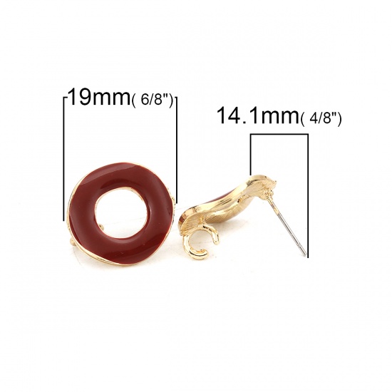 Immagine di Lega di Zinco Smalto Orecchini a Perno Tappi di Orecchini Tondo Oro Placcato Colore di Vino Rosso W / Anello aperto 19mm Dia, Diametro Filo: (21 misura), 10 Pz