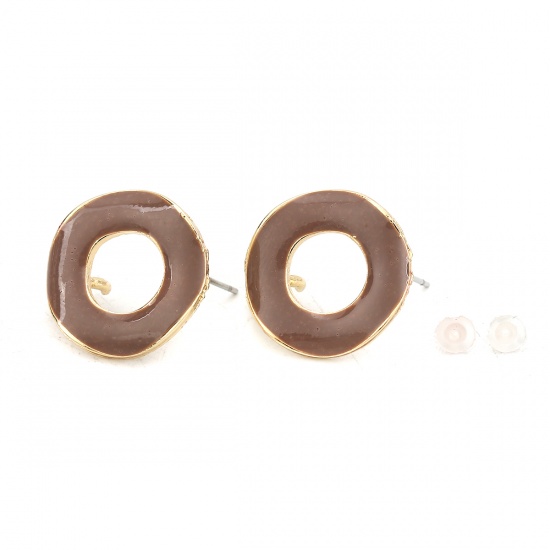 Picture of Zinc Based Alloy Enamel Ear Post Stud Earrings Findings Round Gold Plated Coffee W/ Open Loop 19mm Dia., Post/ Wire Size: (21 gauge), 10 PCs