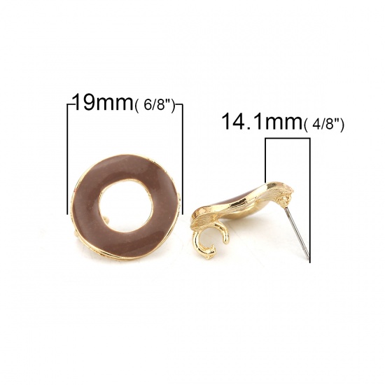 Immagine di Lega di Zinco Smalto Orecchini a Perno Tappi di Orecchini Tondo Oro Placcato Colore del Caffè W / Anello aperto 19mm Dia, Diametro Filo: (21 misura), 10 Pz