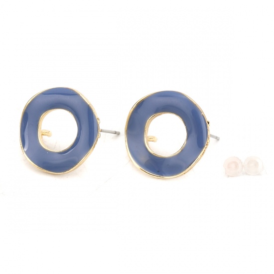 Picture of Zinc Based Alloy Enamel Ear Post Stud Earrings Findings Round Gold Plated Blue W/ Open Loop 19mm Dia., Post/ Wire Size: (21 gauge), 10 PCs