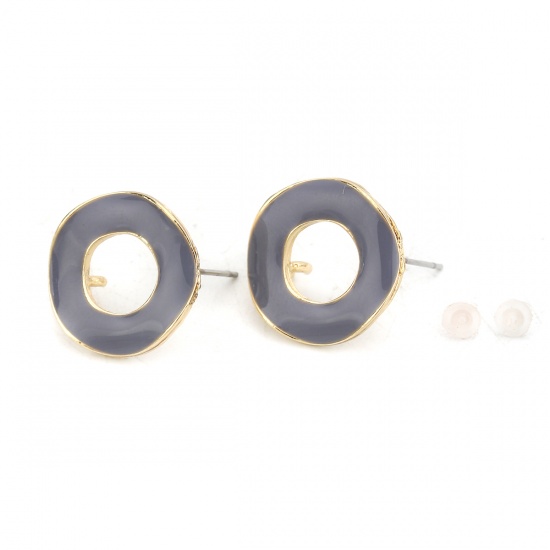 Picture of Zinc Based Alloy Enamel Ear Post Stud Earrings Findings Round Gold Plated Steel Gray W/ Open Loop 19mm Dia., Post/ Wire Size: (21 gauge), 10 PCs