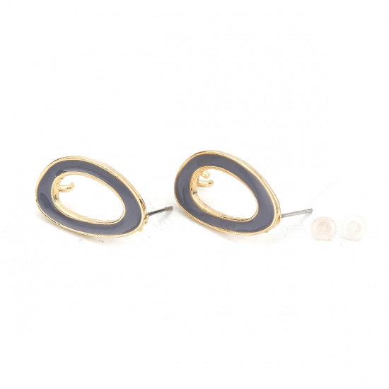Picture of Zinc Based Alloy Enamel Ear Post Stud Earrings Findings Oval Gold Plated Steel Gray W/ Open Loop 23mm x 13mm, Post/ Wire Size: (21 gauge), 10 PCs