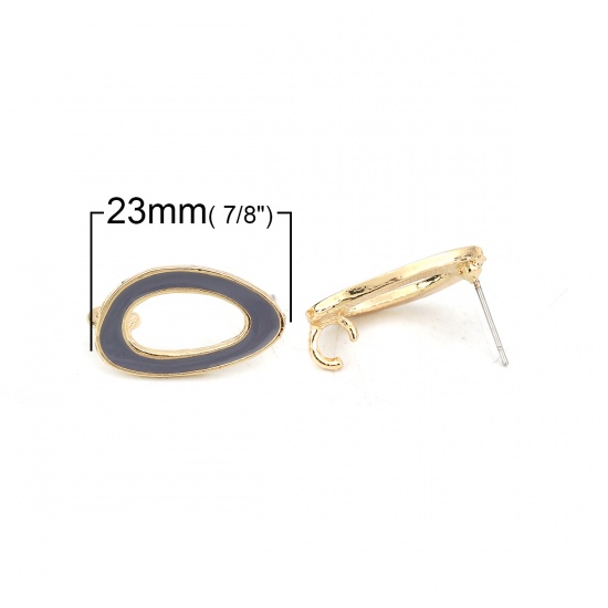 Picture of Zinc Based Alloy Enamel Ear Post Stud Earrings Findings Oval Gold Plated Steel Gray W/ Open Loop 23mm x 13mm, Post/ Wire Size: (21 gauge), 10 PCs