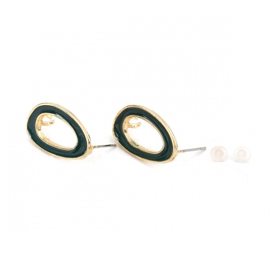 Picture of Zinc Based Alloy Enamel Ear Post Stud Earrings Findings Oval Gold Plated Green W/ Open Loop 23mm x 13mm, Post/ Wire Size: (21 gauge), 10 PCs