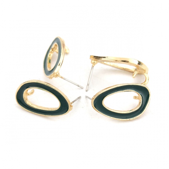 Picture of Zinc Based Alloy Enamel Ear Post Stud Earrings Findings Oval Gold Plated Green W/ Open Loop 23mm x 13mm, Post/ Wire Size: (21 gauge), 10 PCs