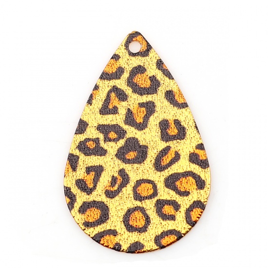 Immagine di Lega di Zinco Pittura di Smalto Charms Goccia Oro Placcato Giallo Leopardo Polvere di Stelle 28mm x 18mm , 10 Pz
