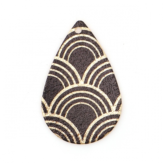 Picture of Zinc Based Alloy Enamel Painting Charms Drop Gold Plated Black Fish Scale Sparkledust 28mm x 18mm, 10 PCs