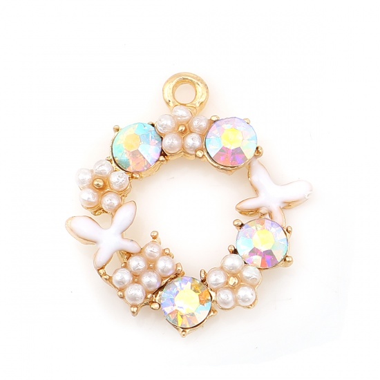Picture of Zinc Based Alloy Enamel Charms Circle Ring Gold Plated White Butterfly AB Color Rhinestone Acrylic Imitation Pearl 21mm x19mm( 7/8" x 6/8") - 20mm x19mm( 6/8" x 6/8"), 5 PCs