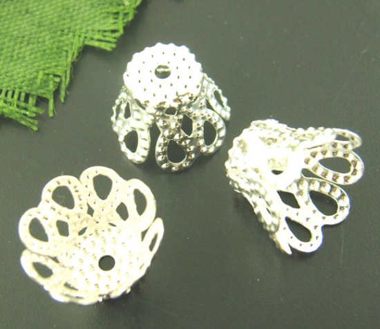 Picture of Alloy Filigree Beads Caps Cup Flower Silver Plated 9mm x 7mm, 260 PCs