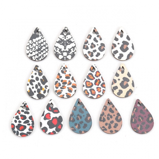 Picture of Natural Wood Charms Drop Black & White Snake Skin Print 23mm( 7/8") x 15mm( 5/8"), 30 PCs