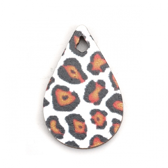 Picture of Natural Wood Charms Drop Orange-red Leopard Print 23mm( 7/8") x 15mm( 5/8"), 30 PCs