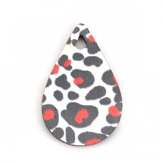 Picture of Natural Wood Charms Drop Black & White Leopard Print 23mm( 7/8") x 15mm( 5/8"), 30 PCs