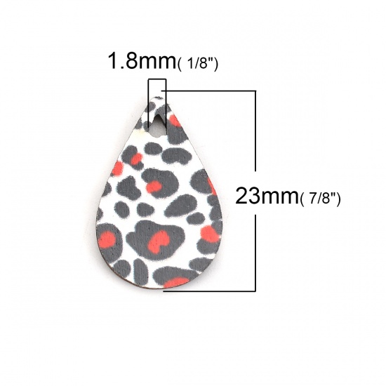 Picture of Natural Wood Charms Drop Black & White Leopard Print 23mm( 7/8") x 15mm( 5/8"), 30 PCs