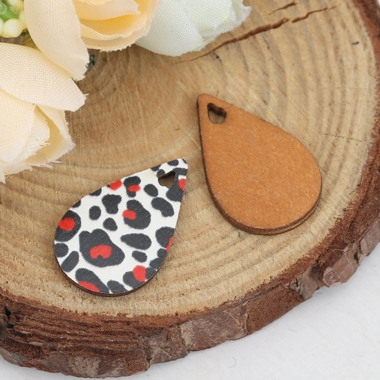 Picture of Natural Wood Charms Drop Black & White Leopard Print 23mm( 7/8") x 15mm( 5/8"), 30 PCs