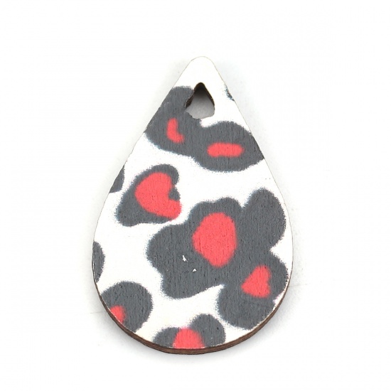 Picture of Natural Wood Charms Drop Black & White Leopard Print 23mm( 7/8") x 15mm( 5/8"), 30 PCs