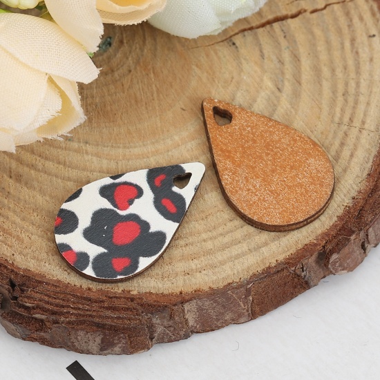 Picture of Natural Wood Charms Drop Black & White Leopard Print 23mm( 7/8") x 15mm( 5/8"), 30 PCs