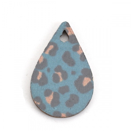 Natural Wood Charms Drop Green Blue Leopard Print 23mm( 7/8") x 15mm( 5/8"), 30 PCs