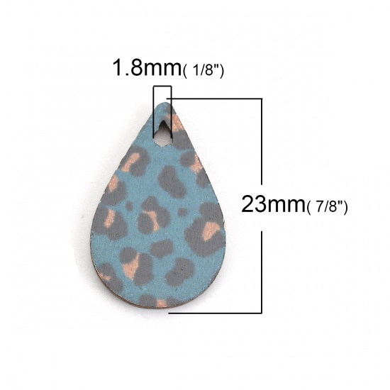 Immagine di Legno Charms Goccia Verde Blu Leopardo Disegno 23mm x 15mm, 30 Pz