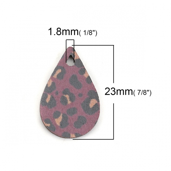 Immagine di Legno Charms Goccia Colore Viola Leopardo Disegno 23mm x 15mm, 30 Pz