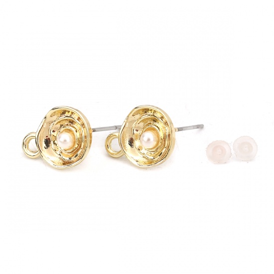 Picture of Zinc Based Alloy & Acrylic Imitation Pearl Ear Post Stud Earrings Findings Round Gold Plated White W/ Loop 14mm x 11mm, Post/ Wire Size: (21 gauge), 10 PCs