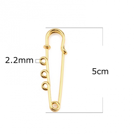 Picture of Iron Based Alloy Safety Pin Brooches Connectors Findings Gold Plated 3 Loops 50mm(2") x 17mm( 5/8"), 10 PCs
