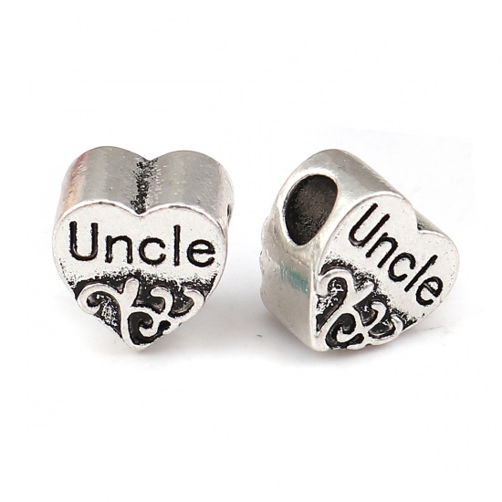 Picture of Zinc Based Alloy European Style Large Hole Charm Beads Heart Antique Silver Flower Vine Message " Uncle " About 11mm( 3/8") x 11mm( 3/8"), Hole: Approx 4.4mm, 10 PCs