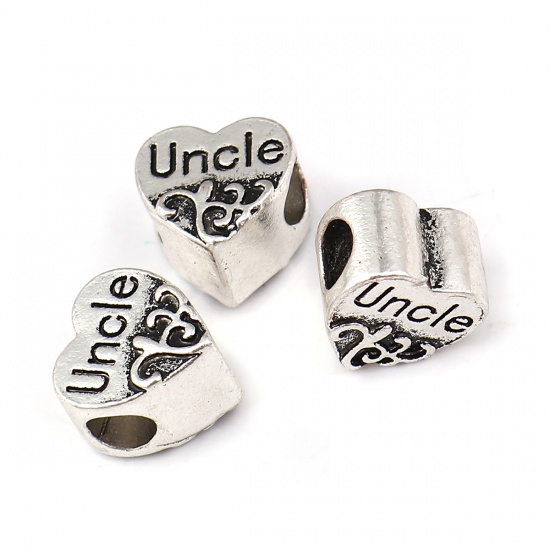 Picture of Zinc Based Alloy European Style Large Hole Charm Beads Heart Antique Silver Flower Vine Message " Uncle " About 11mm( 3/8") x 11mm( 3/8"), Hole: Approx 4.4mm, 10 PCs