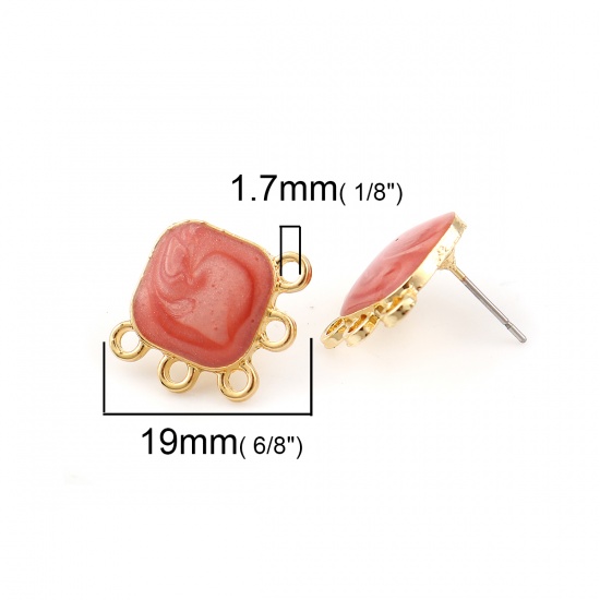 Picture of Zinc Based Alloy Enamel Ear Post Stud Earrings Findings Rhombus Gold Plated Hot Pink W/ Loop 19mm x 17mm, Post/ Wire Size: (21 gauge), 10 PCs