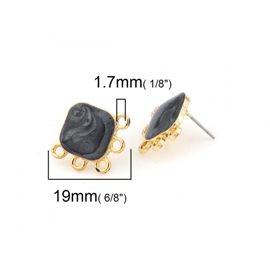 Picture of Zinc Based Alloy Enamel Ear Post Stud Earrings Findings Rhombus Gold Plated Dark Gray W/ Loop 19mm x 17mm, Post/ Wire Size: (21 gauge), 10 PCs