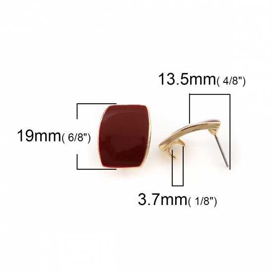 Picture of Zinc Based Alloy Enamel Ear Post Stud Earrings Findings Rectangle Gold Plated Wine Red W/ Loop 19mm x 15mm, Post/ Wire Size: (21 gauge), 10 PCs