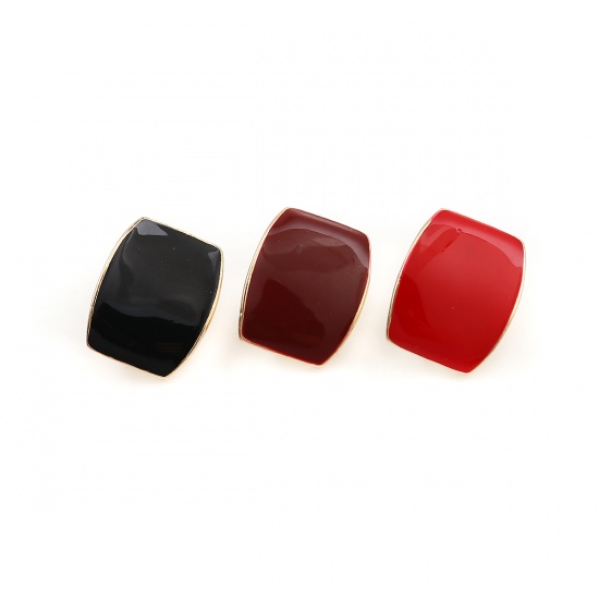 Picture of Zinc Based Alloy Enamel Ear Post Stud Earrings Findings Rectangle Gold Plated Wine Red W/ Loop 19mm x 15mm, Post/ Wire Size: (21 gauge), 10 PCs