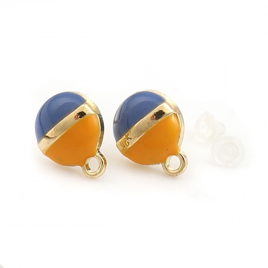 Picture of Zinc Based Alloy Enamel Ear Post Stud Earrings Findings Round Gold Plated Yellow W/ Loop 13mm x 10mm, Post/ Wire Size: (21 gauge), 10 PCs