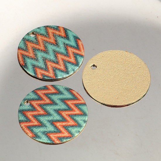 Picture of Zinc Based Alloy Enamel Painting Charms Round Gold Plated Green Sparkledust 20mm Dia., 10 PCs