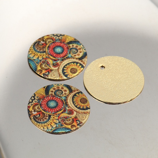 Picture of Zinc Based Alloy Enamel Painting Charms Round Gold Plated Multicolor Flower Sparkledust 20mm Dia., 10 PCs