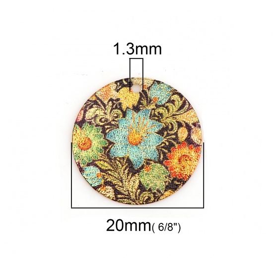 Picture of Zinc Based Alloy Enamel Painting Charms Round Gold Plated Multicolor Flower Leaves Sparkledust 20mm Dia., 10 PCs