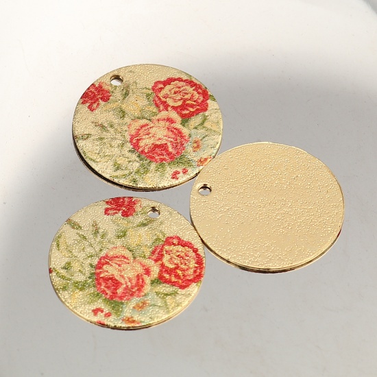 Picture of Zinc Based Alloy Enamel Painting Charms Round Gold Plated Red & Green Flower Leaves Sparkledust 20mm Dia., 10 PCs