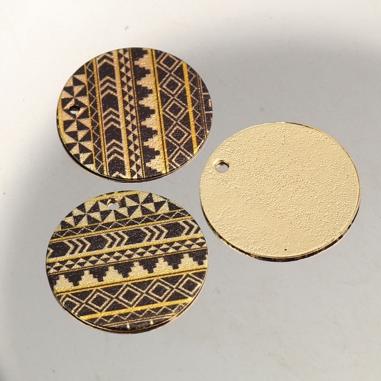 Picture of Zinc Based Alloy Enamel Painting Charms Round Gold Plated Black Geometric Sparkledust 20mm Dia., 10 PCs