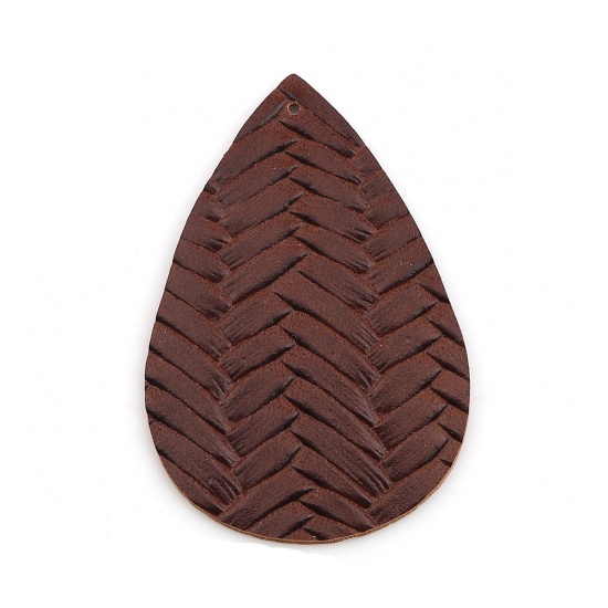 Picture of PU Leather Pendants Drop Dark Coffee Braided Pattern 56mm(2 2/8") x 38mm(1 4/8"), 10 PCs
