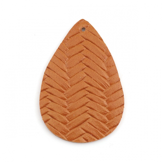 Picture of PU Leather Pendants Drop Light Brown Braided Pattern 56mm(2 2/8") x 38mm(1 4/8"), 10 PCs